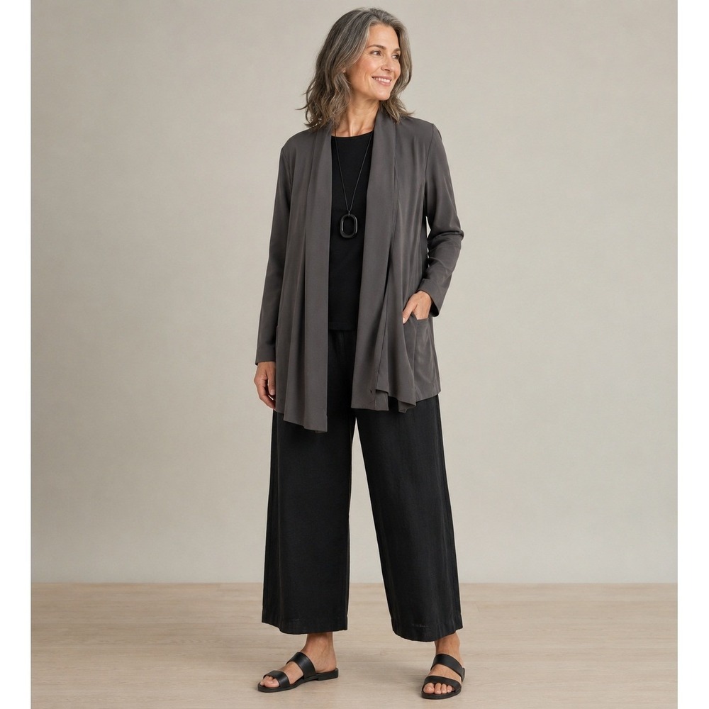Eileen Fisher Cardigan Womens XL Taupe Brown Draped Wool Blend Open Front Casual